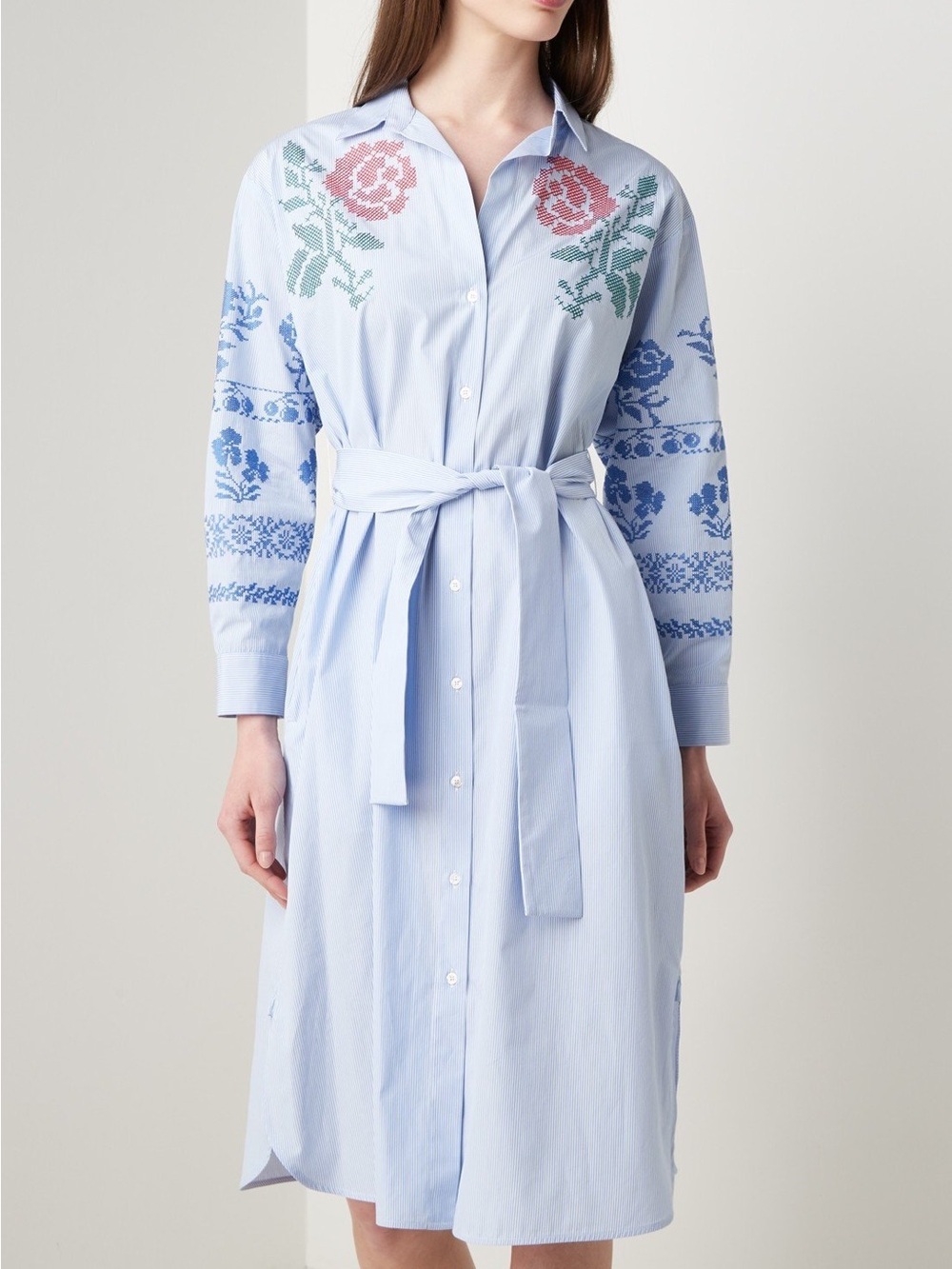 MaxMara Weekend Embroidered Light Blue Striped Shirt Dress Size US 6